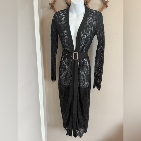 Revamped Sweaters - Revamped Black Floral Lace Belted Maxi Cardigan Kimono Size S